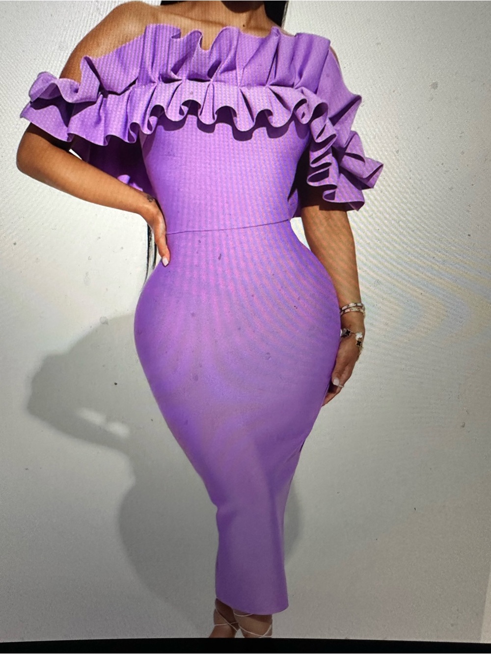 Fashion Nova Off-Shoulder Ruffle Bodycon Dress in Lavender